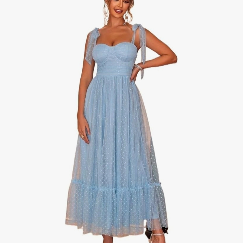 Chic Light Blue Midi Dress with Bow Straps